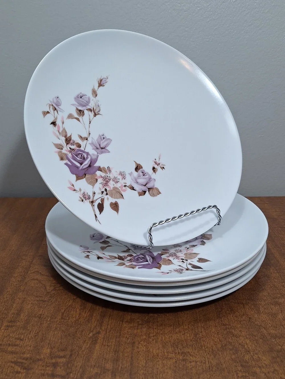Vtg Set Of 6 Park Avenue Melmac 10 In Dinner Plates Atomic Lavendar Roses Floral